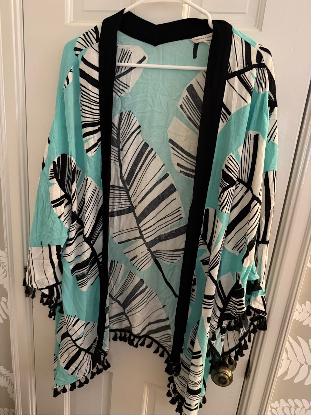 Trina Turk Aqua, White and Black Leaf-Print Swim Coverup Kimono